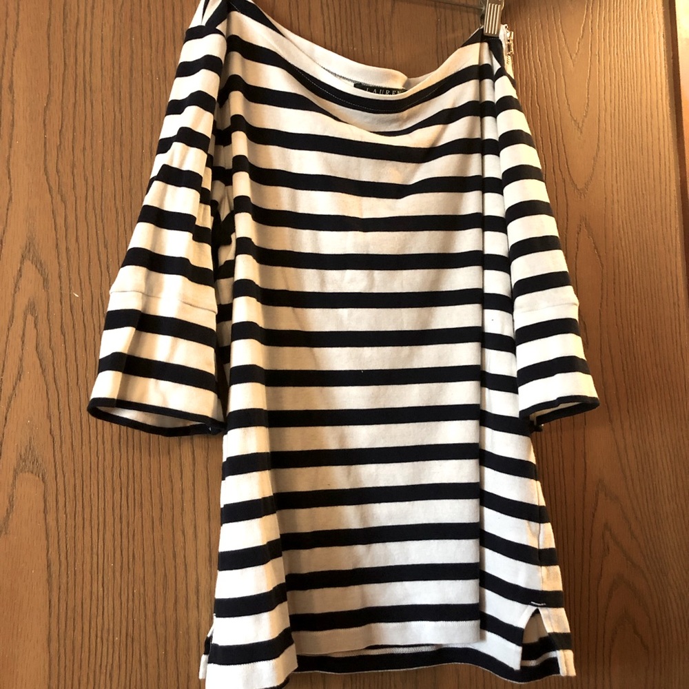 Lauren Ralph Lauren Black and White Striped Sweater w One Shoulder Zipper XL